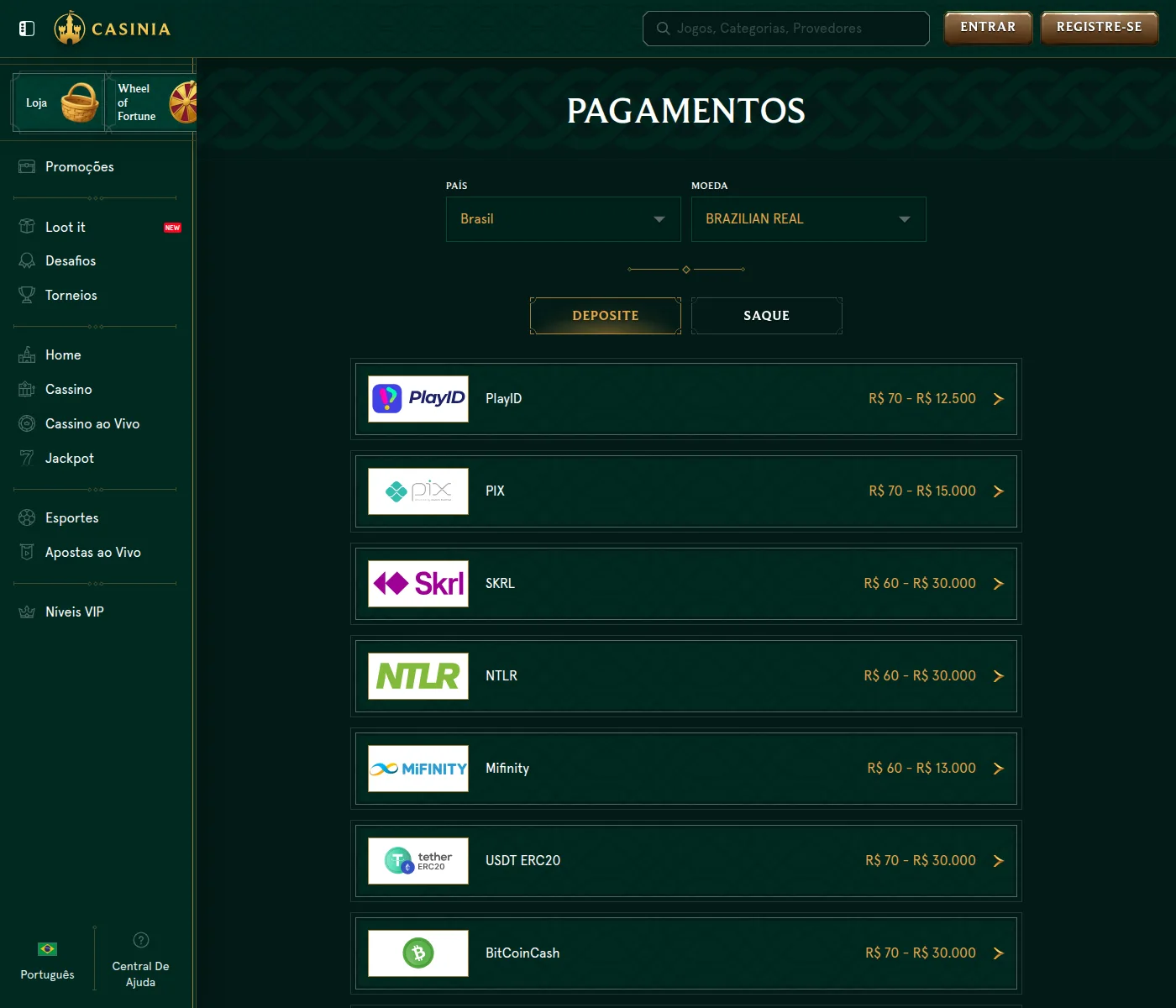 Tabela de pagamentos da Casinia no Brasil, com Pix e quinze criptomoedas em reais
