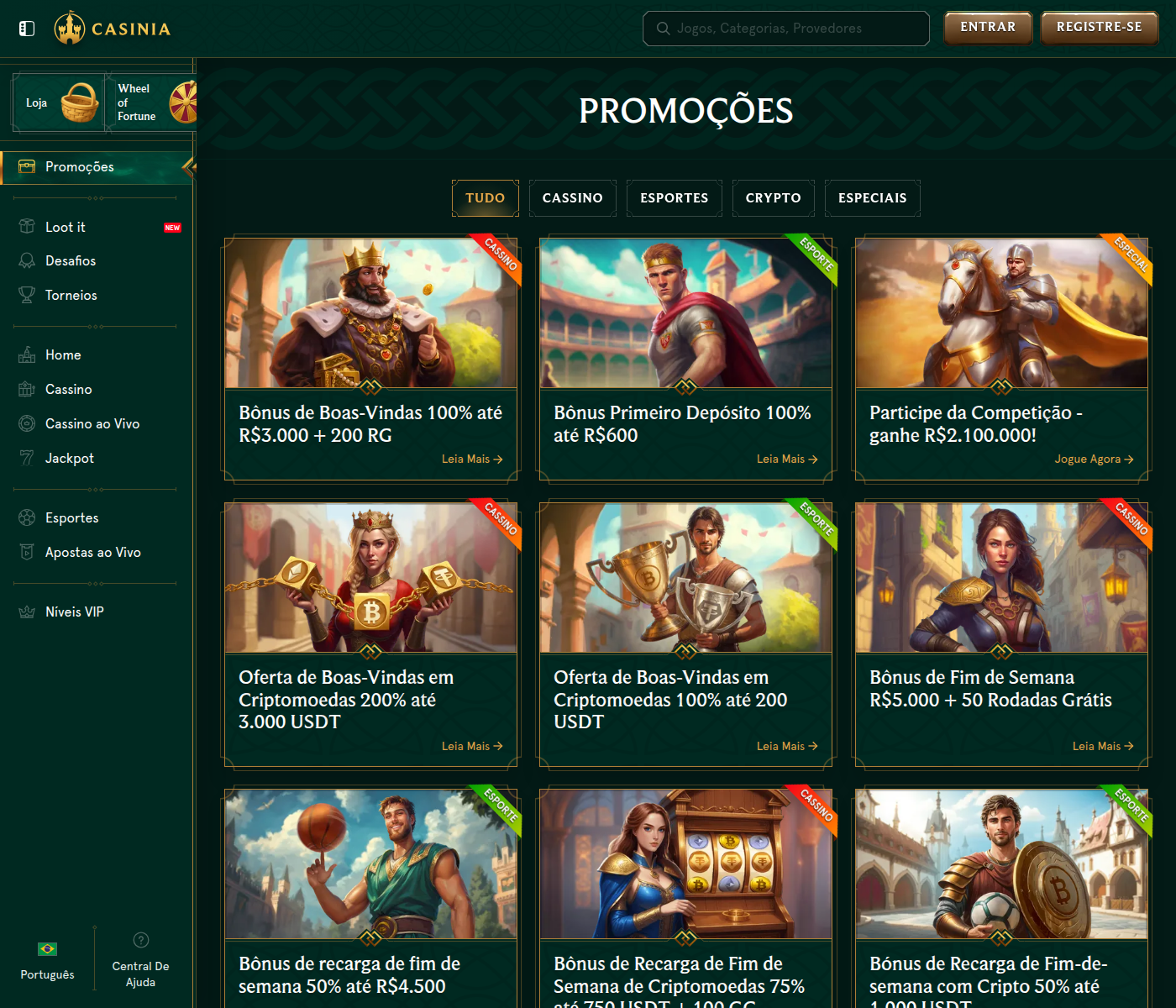 Página de promoções da Casinia com dezassete ofertas de cassino, esporte e cripto