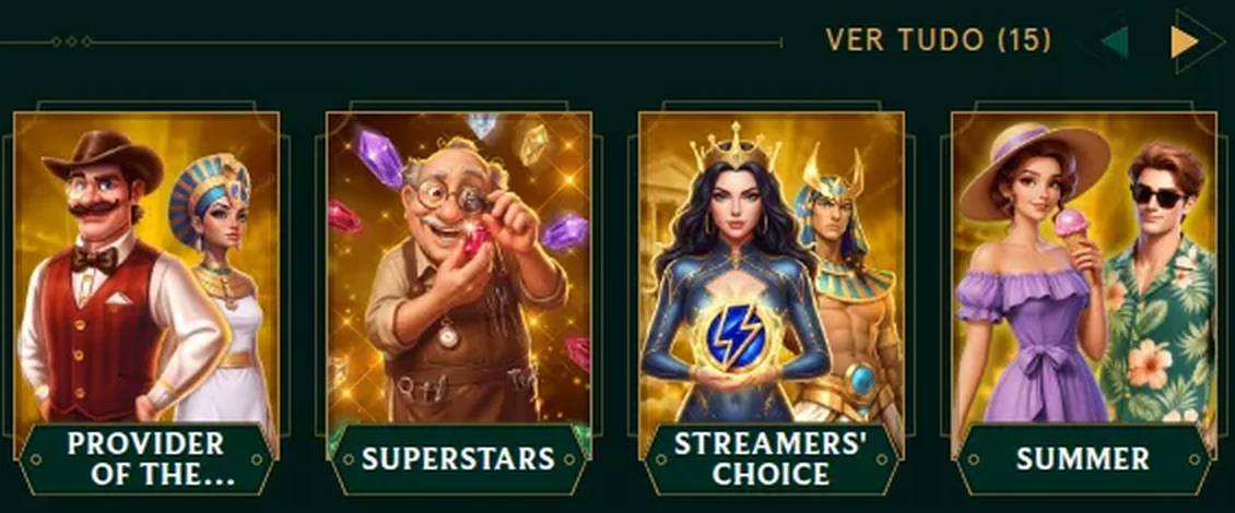 Prateleiras do cassino da Casinia com o contador «Ver tudo (15)»: Provider of the Week, Superstars, Streamers' Choice e Summer