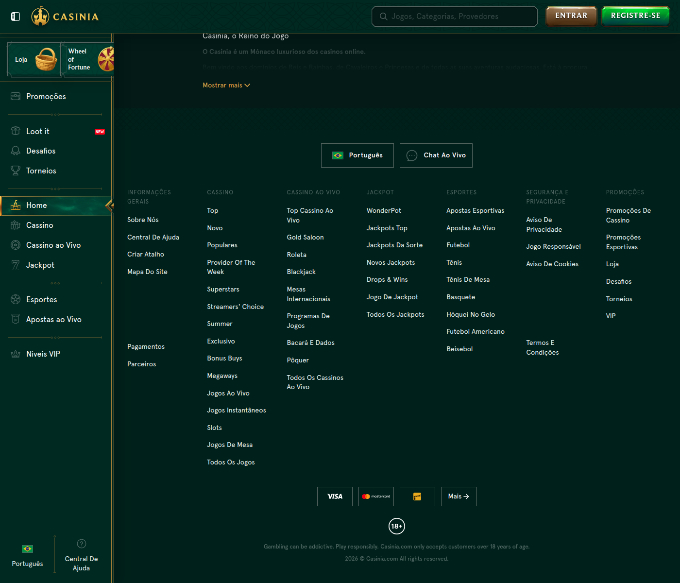 Rodapé da Casinia com o mapa do site e o aviso de jogo responsável
