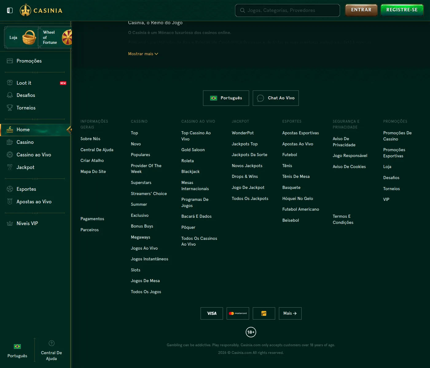 Rodapé da Casinia com o mapa do site e o aviso de jogo responsável