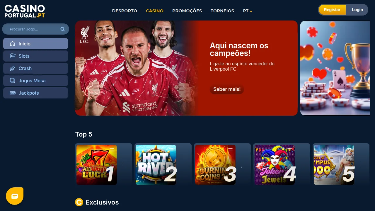 Página inicial do Casino Portugal, licenciado pelo SRIJ