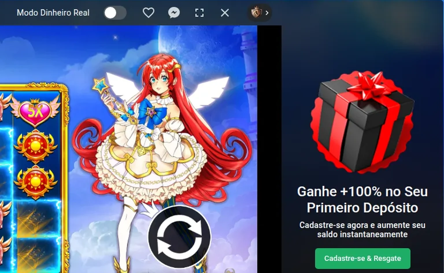 Starlight Princess a correr na LeonBet em modo demo — o interruptor «Modo Dinheiro Real» desligado — ao lado da oferta de 100% no primeiro depósito