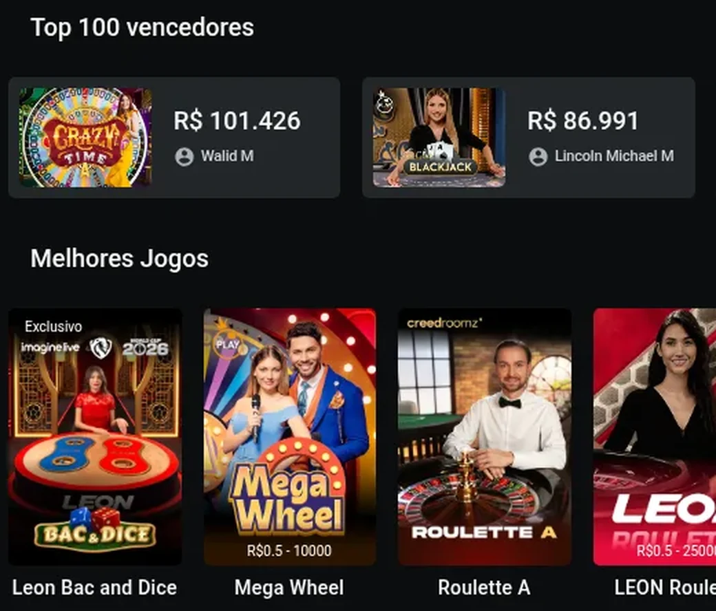 Cassino ao vivo da LeonBet com o Top 100 de vencedores em reais — R$ 101.426 no Crazy Time, R$ 86.991 no Blackjack — e os limites de aposta de cada mesa em reais