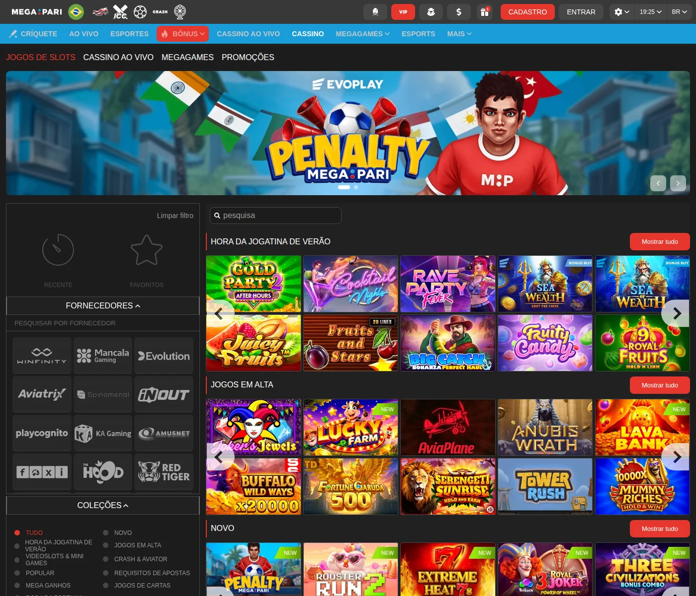 Catálogo de slots da Megapari com o filtro por fornecedor à esquerda — Evolution, Aviatrix, Red Tiger, KA Gaming, Amusnet — e as coleções por tema