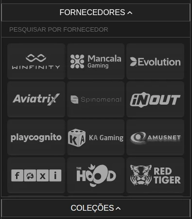 Filtro de fornecedores do cassino da Megapari: Winfinity, Mancala Gaming, Evolution, Aviatrix, Spinomenal, iNOUT, Playcognito, KA Gaming, Amusnet, Foxi, The Hood e Red Tiger