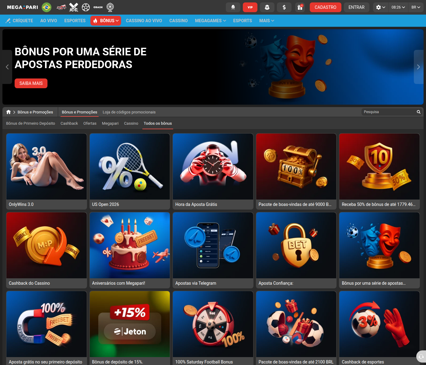 Promoções da Megapari, incluindo bônus por série de apostas perdedoras