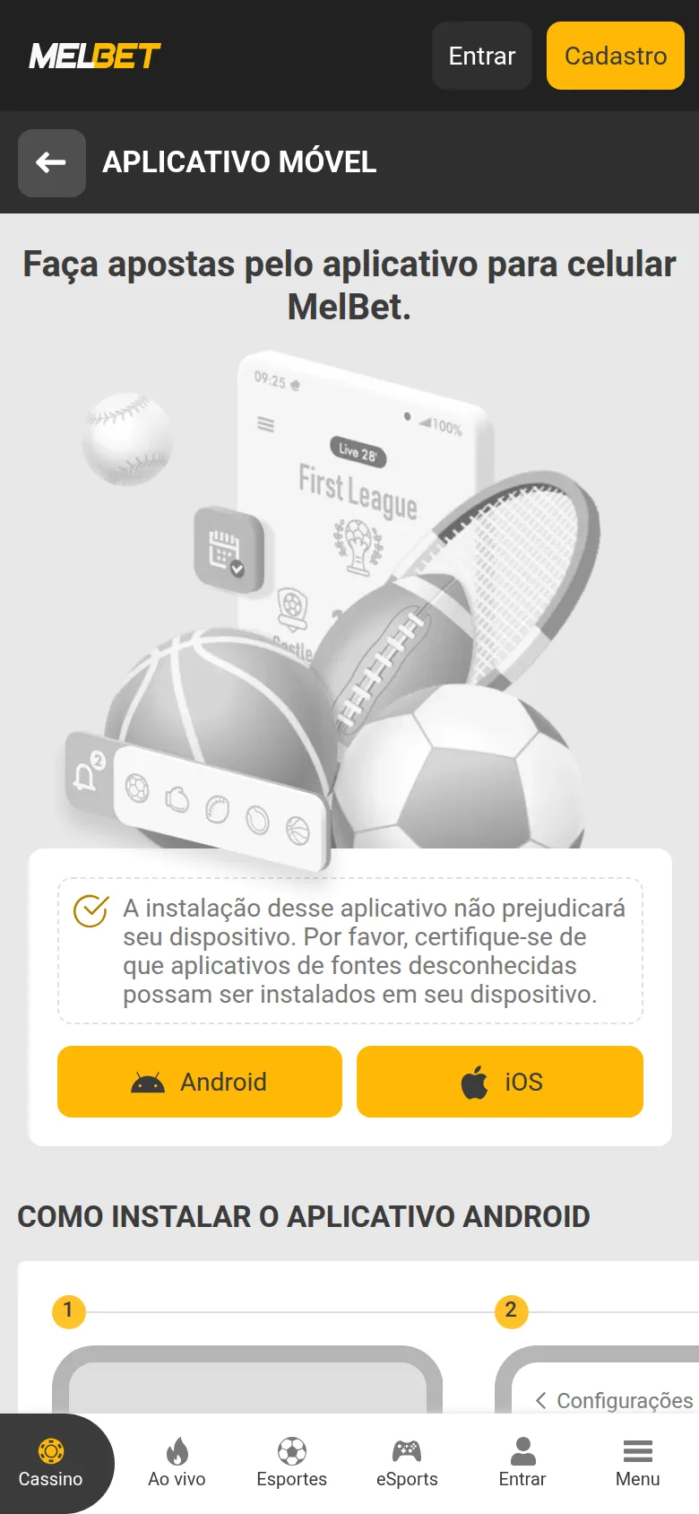 Página do aplicativo da MelBet no Brasil, com os separadores Android e iOS