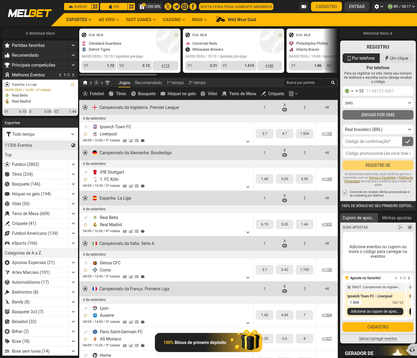 Secção de esportes da MelBet com mais de 11 mil eventos