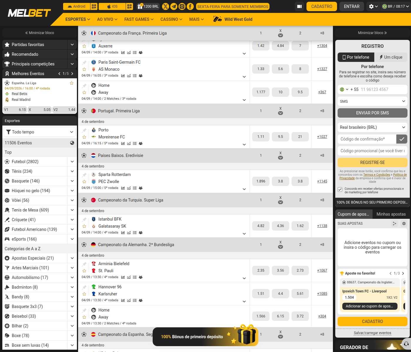Modalidades e contagem de eventos na MelBet