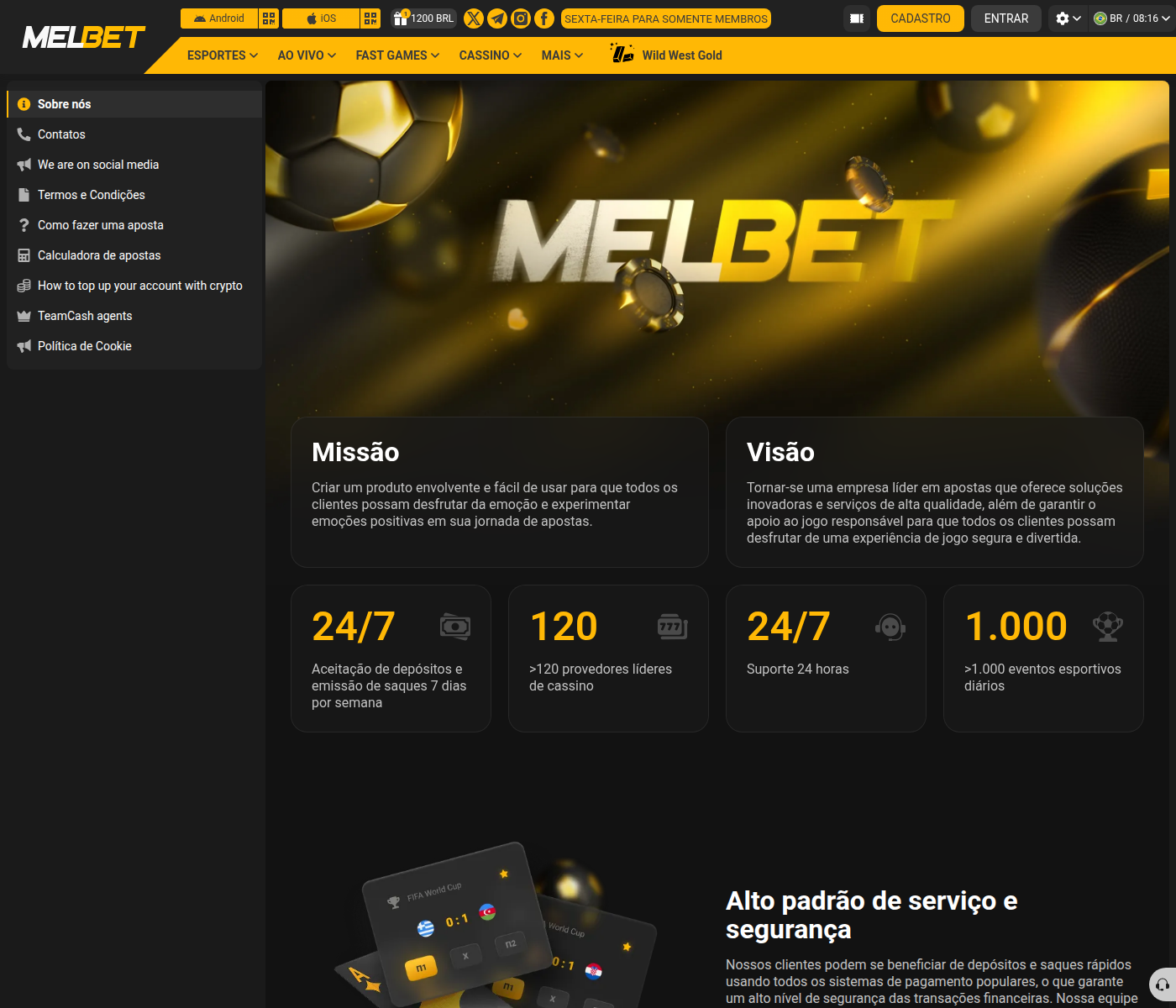 Rodapé da MelBet com a licença de Curaçao e os meios de pagamento