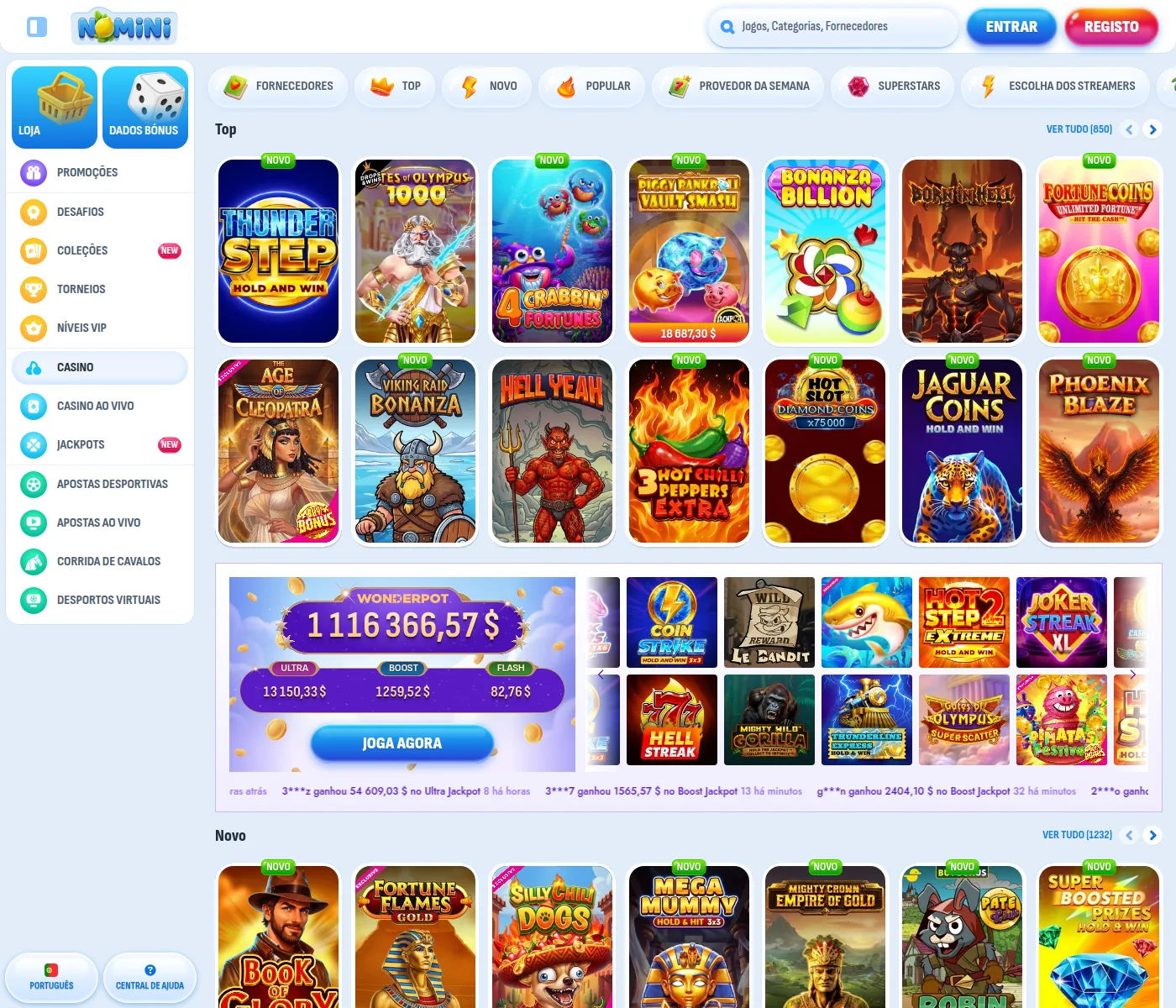 Catálogo da Nomini com etiqueta DEMO em todos os jogos do lobby