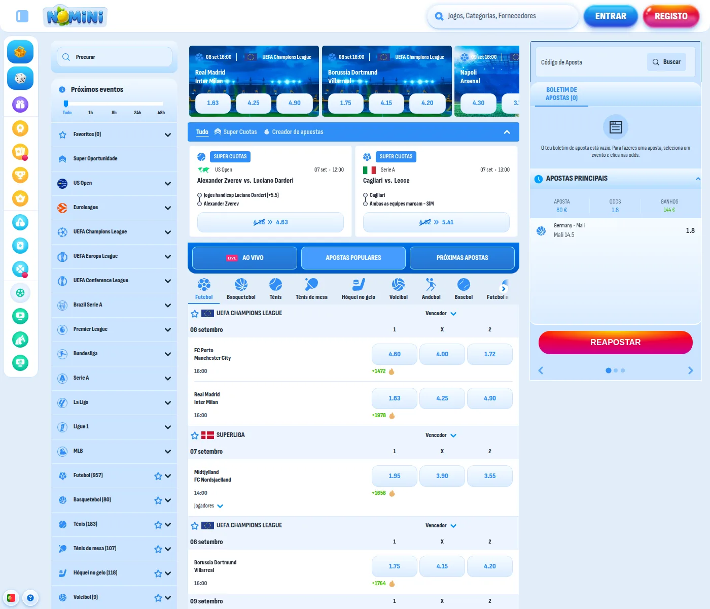 O menu da Nomini com corrida de cavalos e desportos virtuais em entradas próprias