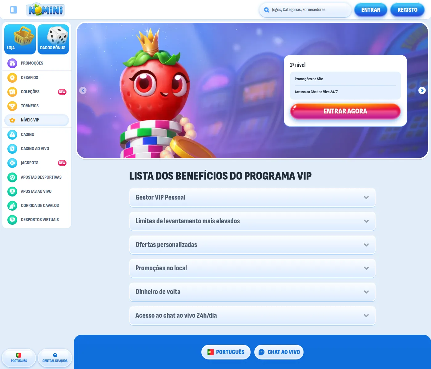 Os cinco níveis VIP da Nomini, com limites de levantamento a partir do terceiro