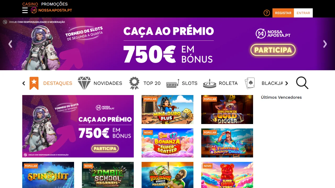 Página inicial da Nossa Aposta, casino com licença do SRIJ