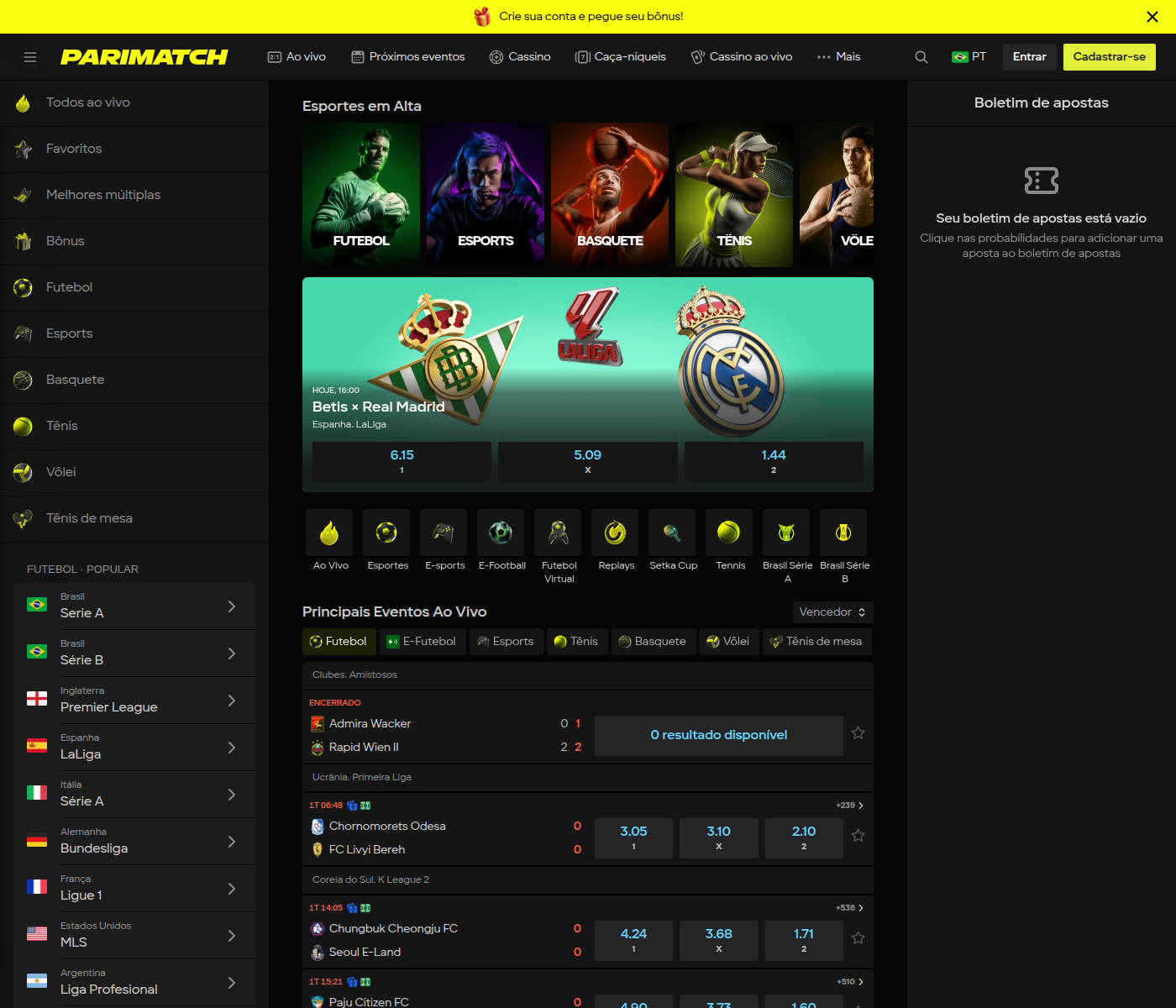 Secção de esportes da Parimatch com as ligas de League of Legends