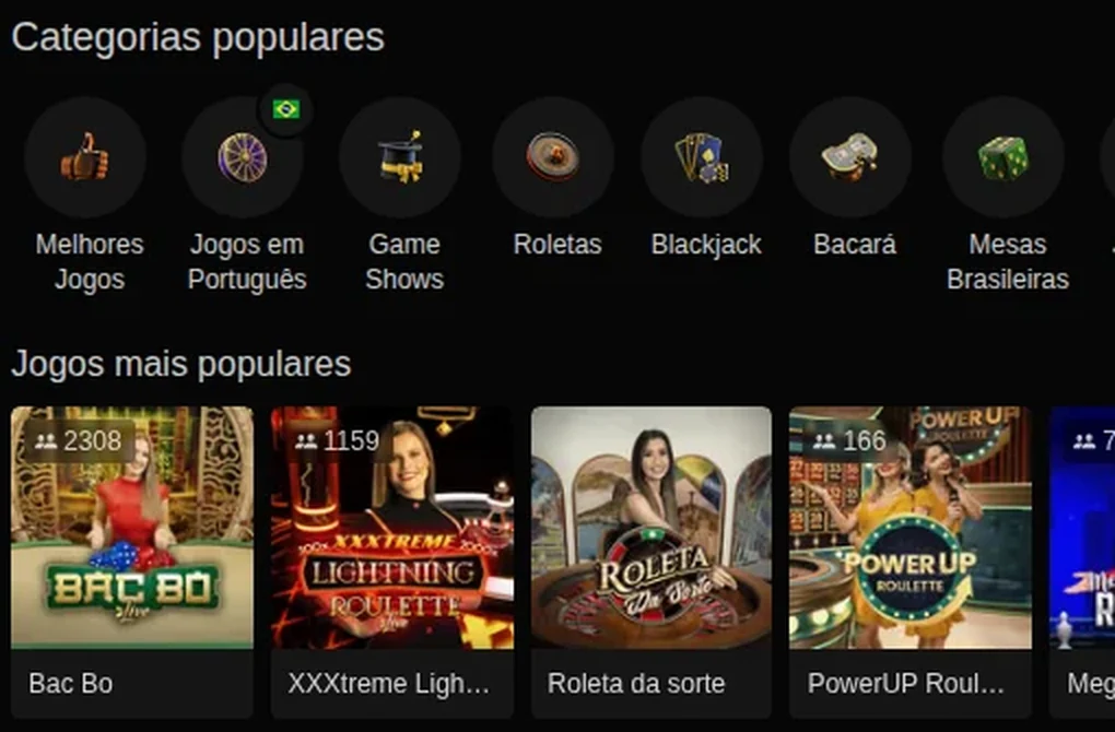 Cassino ao vivo da Parimatch com as categorias Jogos em Português e Mesas Brasileiras e o número de jogadores em cada mesa — 2.308 no Bac Bo, 1.159 no XXXtreme Lightning Roulette