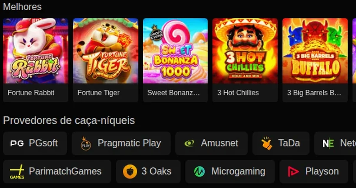 Caça-níqueis da Parimatch no Brasil: a prateleira Melhores — Fortune Rabbit, Fortune Tiger, Sweet Bonanza 1000, 3 Hot Chillies — e a lista de provedores, de PGsoft e Pragmatic Play à ParimatchGames