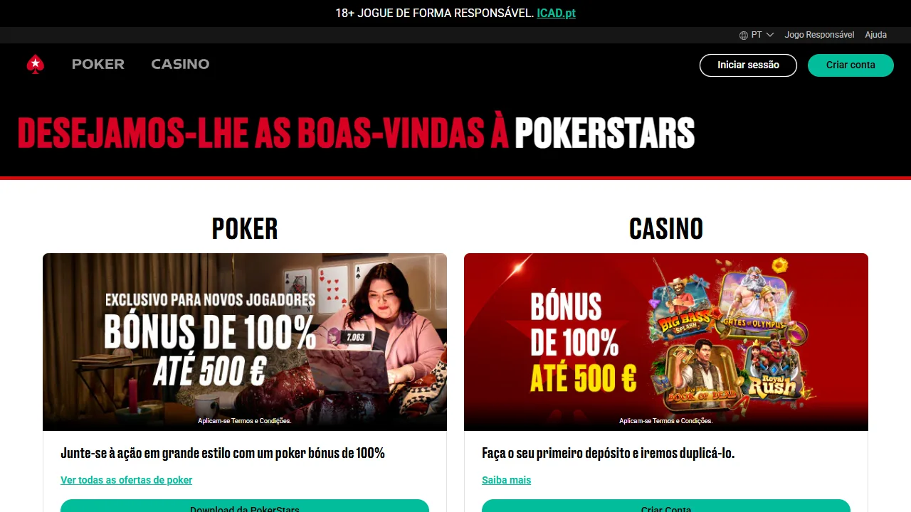 Página inicial da PokerStars Portugal, com póquer e casino