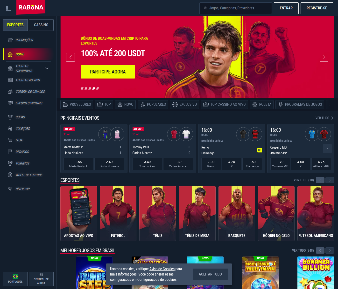 Página inicial da Rabona Brasil com os bônus de boas-vindas em reais e em USDT