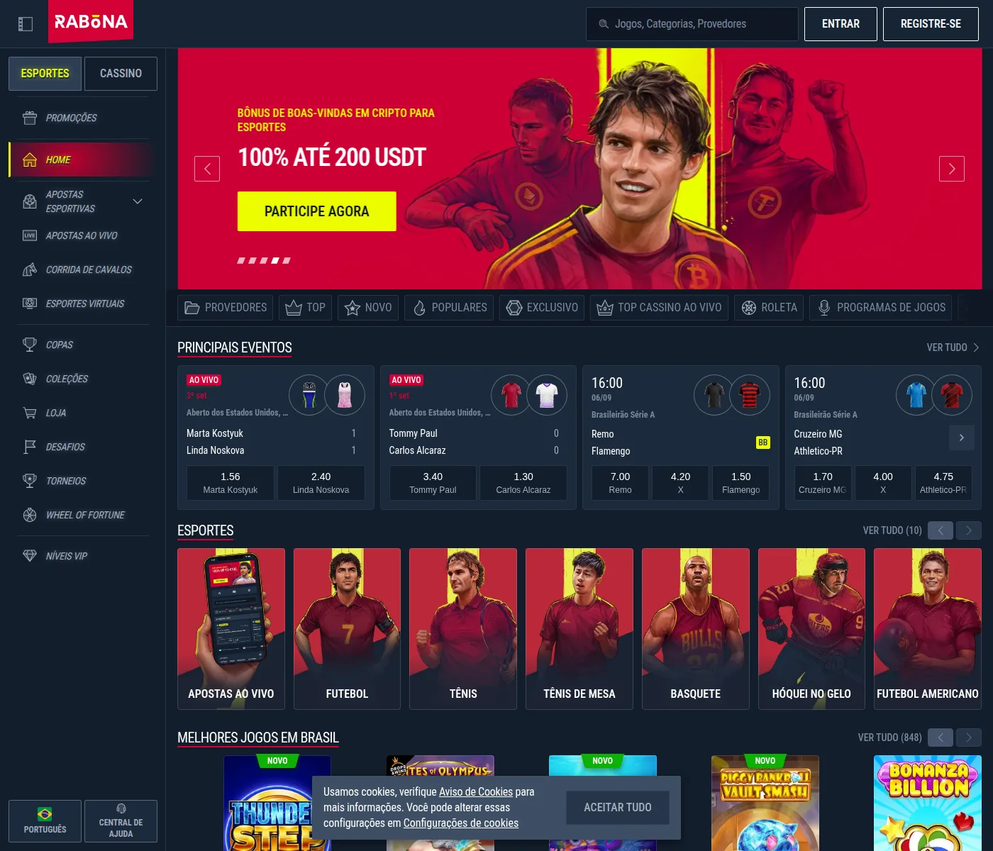 Página inicial da Rabona Brasil com os bônus de boas-vindas em reais e em USDT