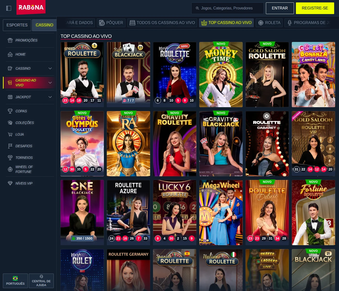 Prateleira Top Cassino ao Vivo da Rabona com as 65 mesas de roleta, blackjack e programas de jogos com crupiê