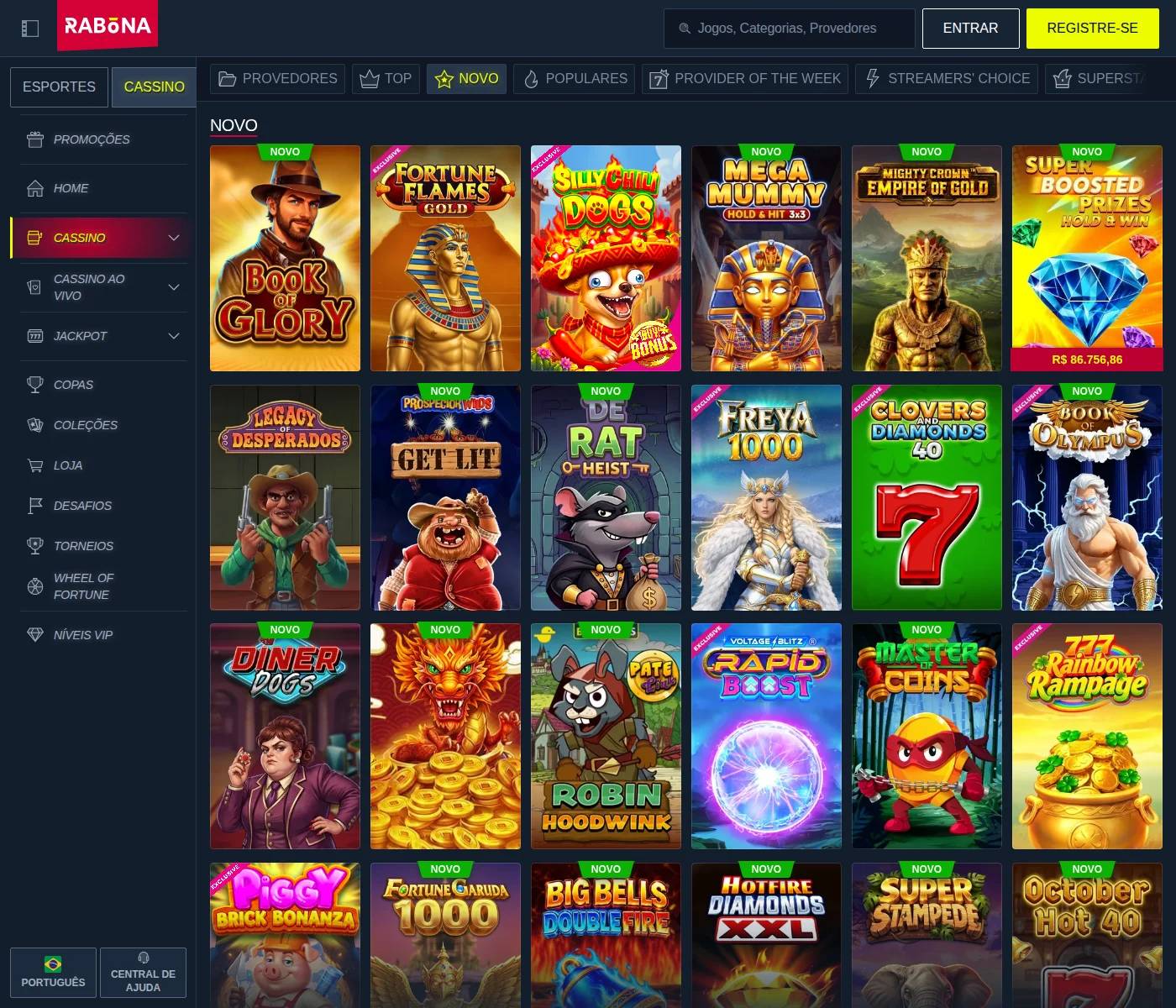 Prateleira Novo do cassino da Rabona com os lançamentos recentes e o menu de categorias — Provedores, Top, Novo, Populares, Provider of the Week — em português do Brasil
