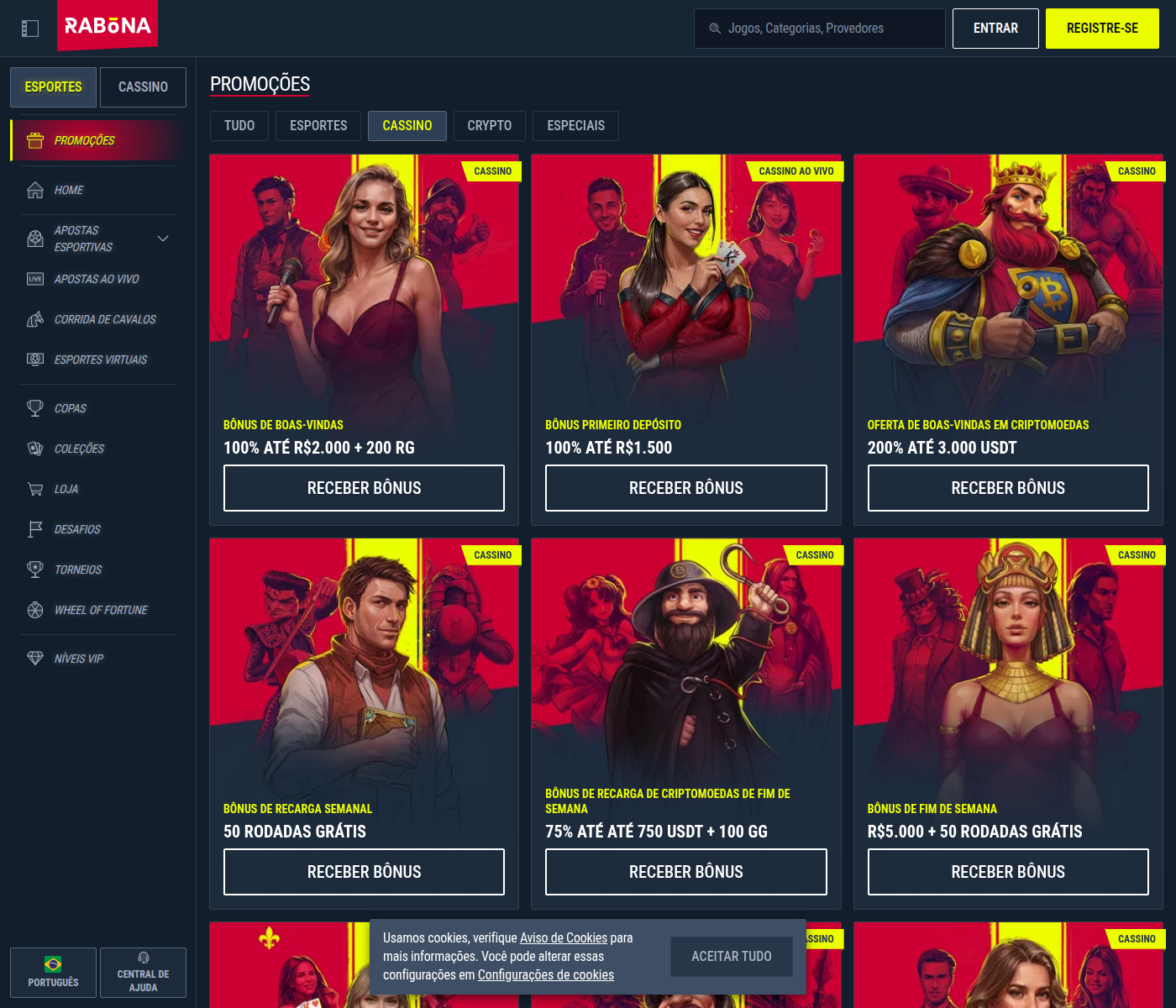 Catálogo do cassino da Rabona com as categorias Top, Novo, Populares e Exclusivo
