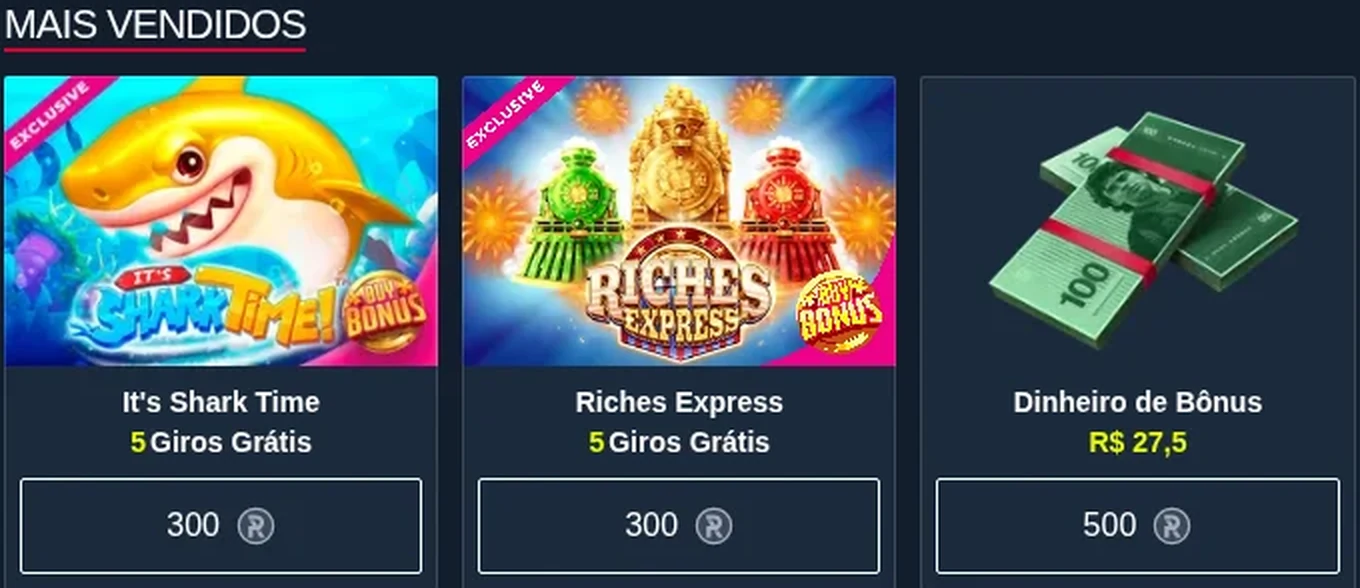 Mais vendidos da loja de moedas da Rabona: cinco giros no It's Shark Time por 300 moedas, cinco no Riches Express por 300 e R$ 27,50 de bônus por 500