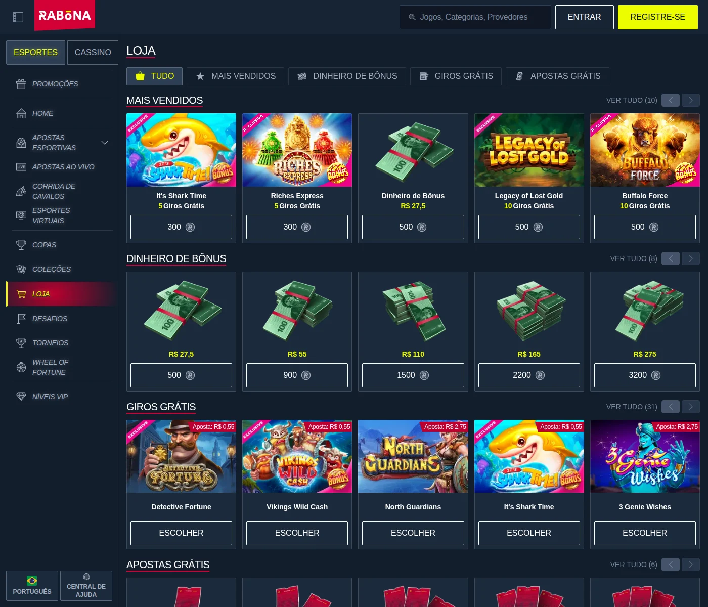 Loja de moedas da Rabona com o preço de cada recompensa: cinco giros no It's Shark Time por 300 moedas, dez no Legacy of Lost Gold por 500