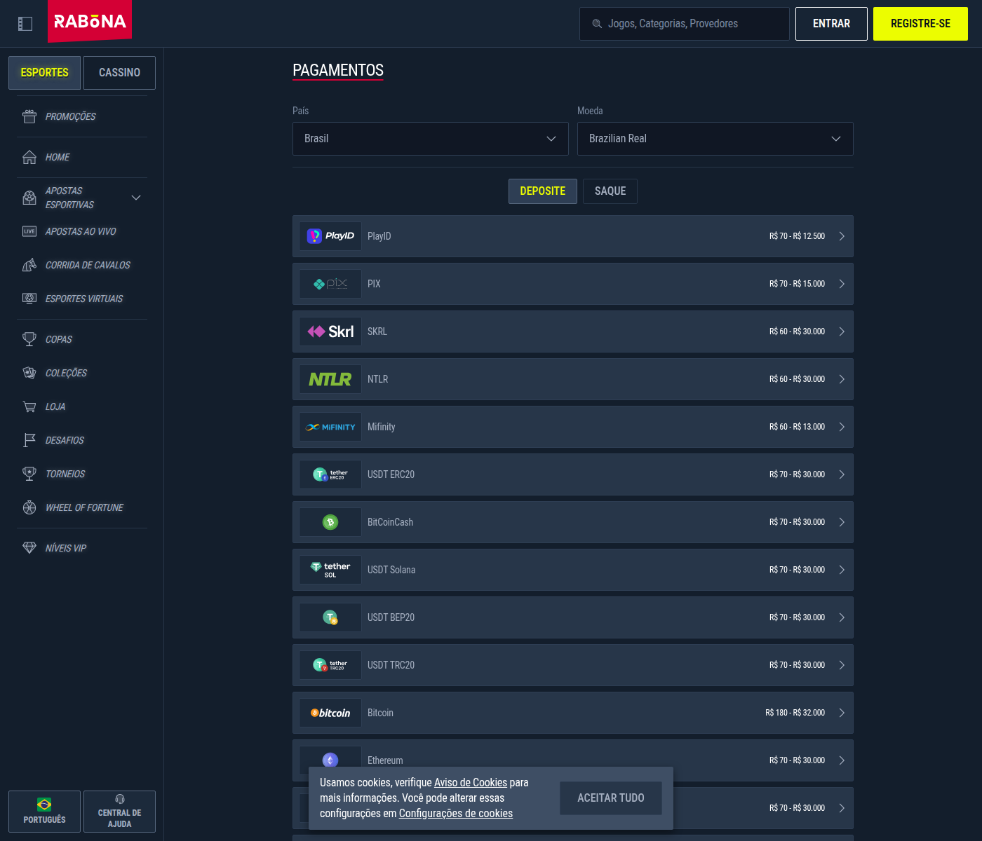 Tabela de pagamentos da Rabona no Brasil com Pix e quinze criptomoedas em reais