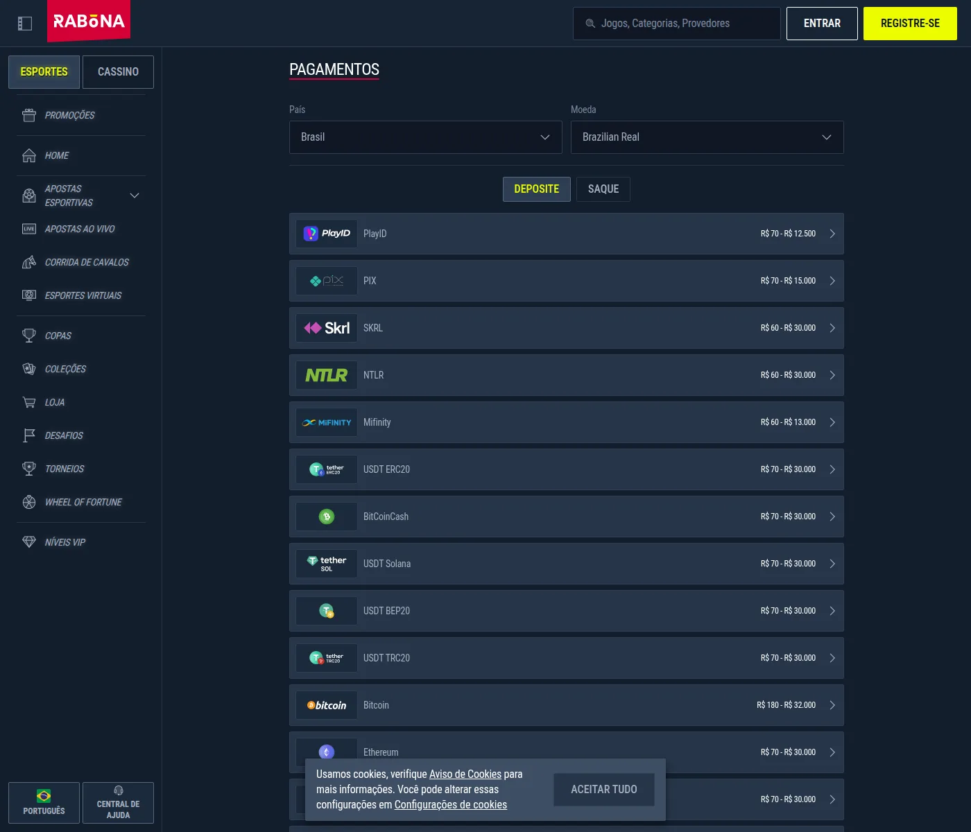 Tabela de pagamentos da Rabona no Brasil com Pix e quinze criptomoedas em reais
