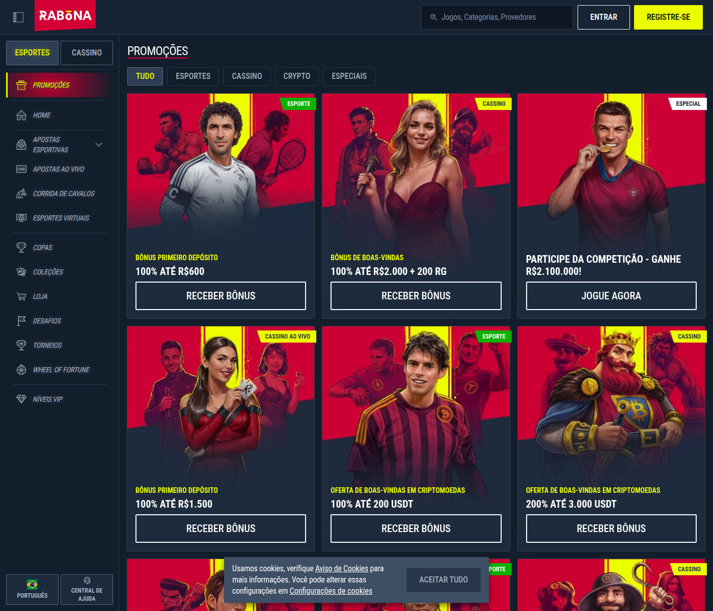 Página de promoções da Rabona com os cinco bônus de boas-vindas do Brasil
