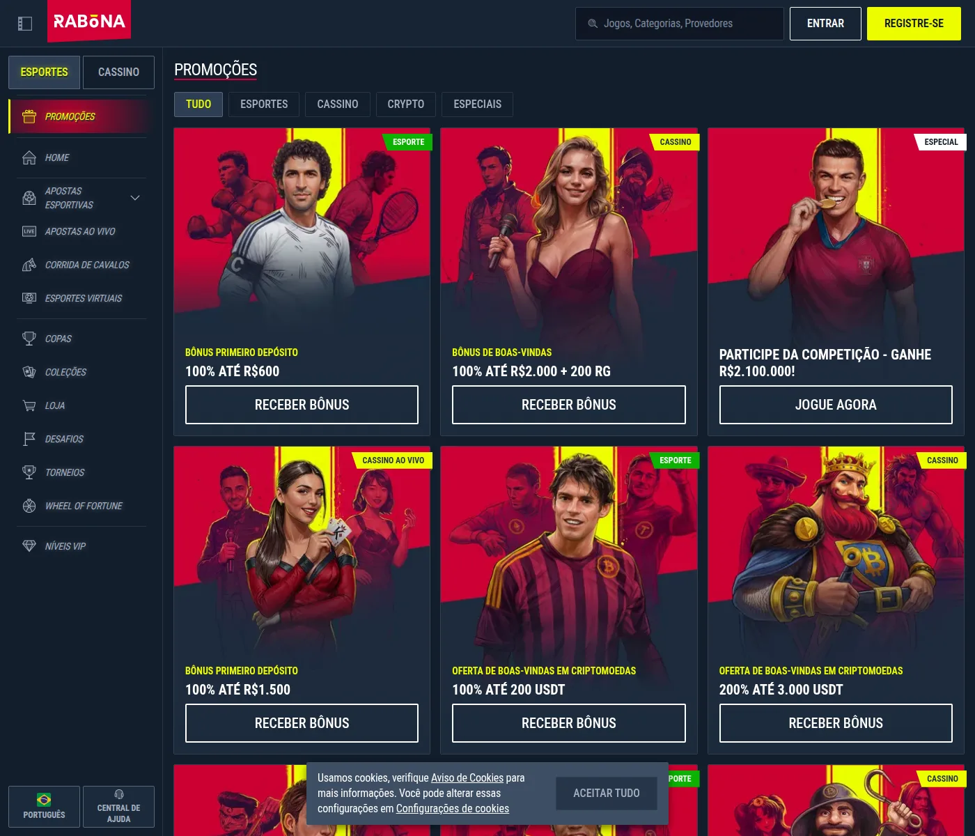 Página de promoções da Rabona com os cinco bônus de boas-vindas do Brasil