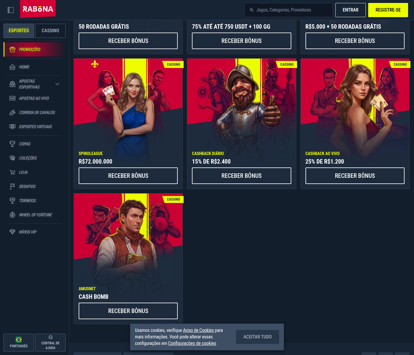 Promoções de cassino da Rabona, com cashback diário e o torneio SpinoLeague