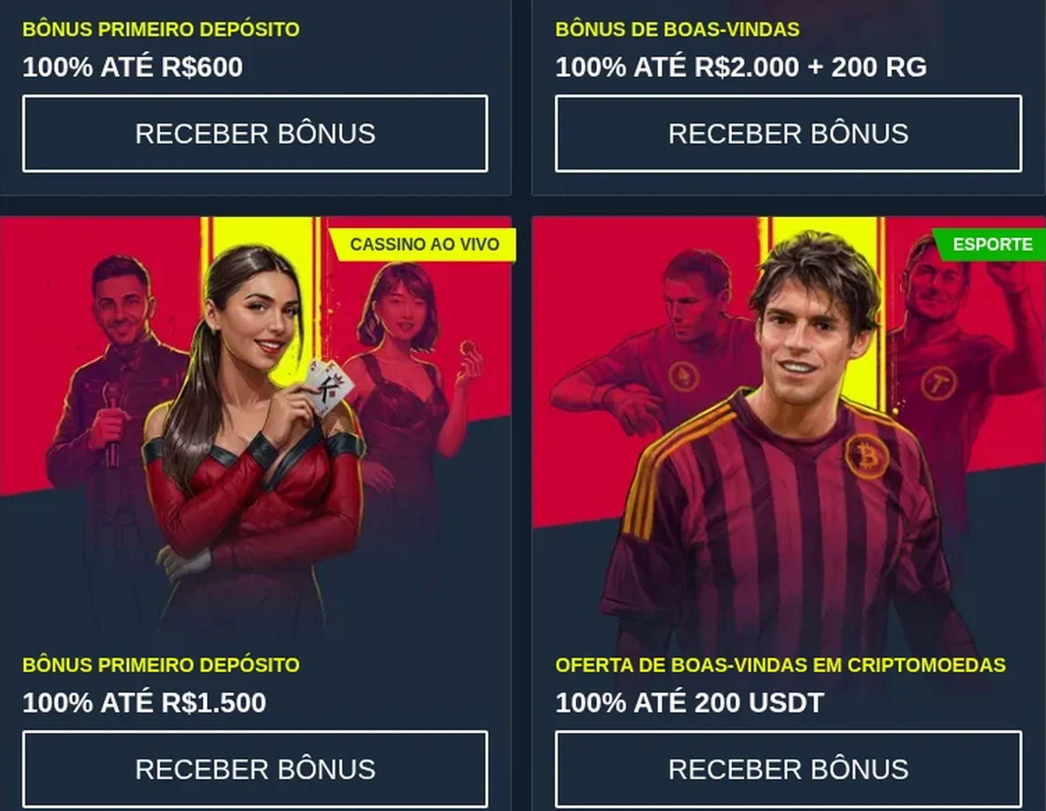 Ofertas de boas-vindas da Rabona: 100% até R$ 600 no esporte, 100% até R$ 2.000 mais 200 rodadas no cassino, 100% até R$ 1.500 no cassino ao vivo e 100% até 200 USDT em cripto