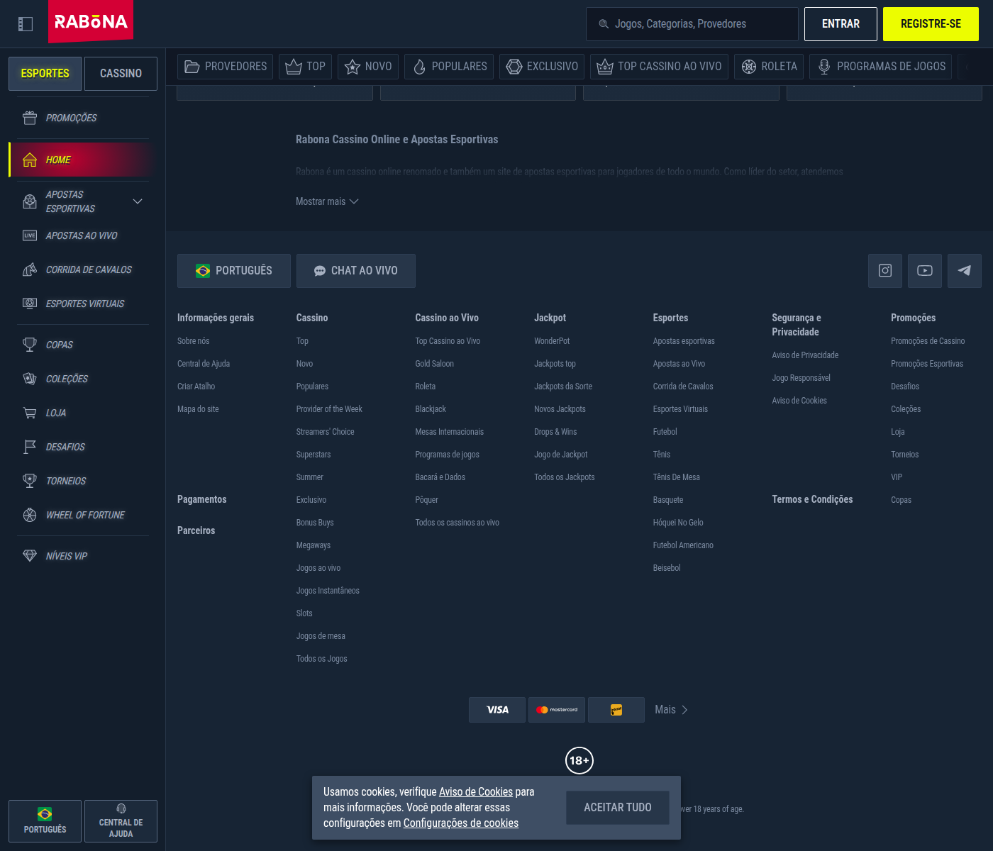 Rodapé da Rabona com o mapa do site e o aviso de jogo responsável