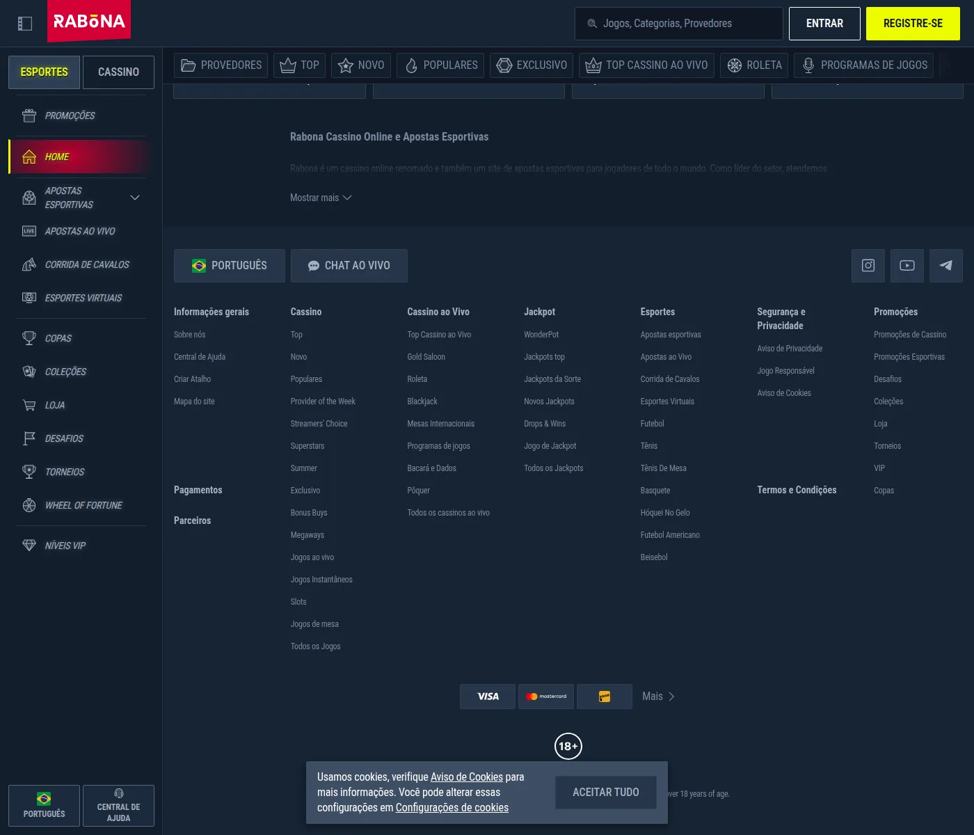 Rodapé da Rabona com o mapa do site e o aviso de jogo responsável