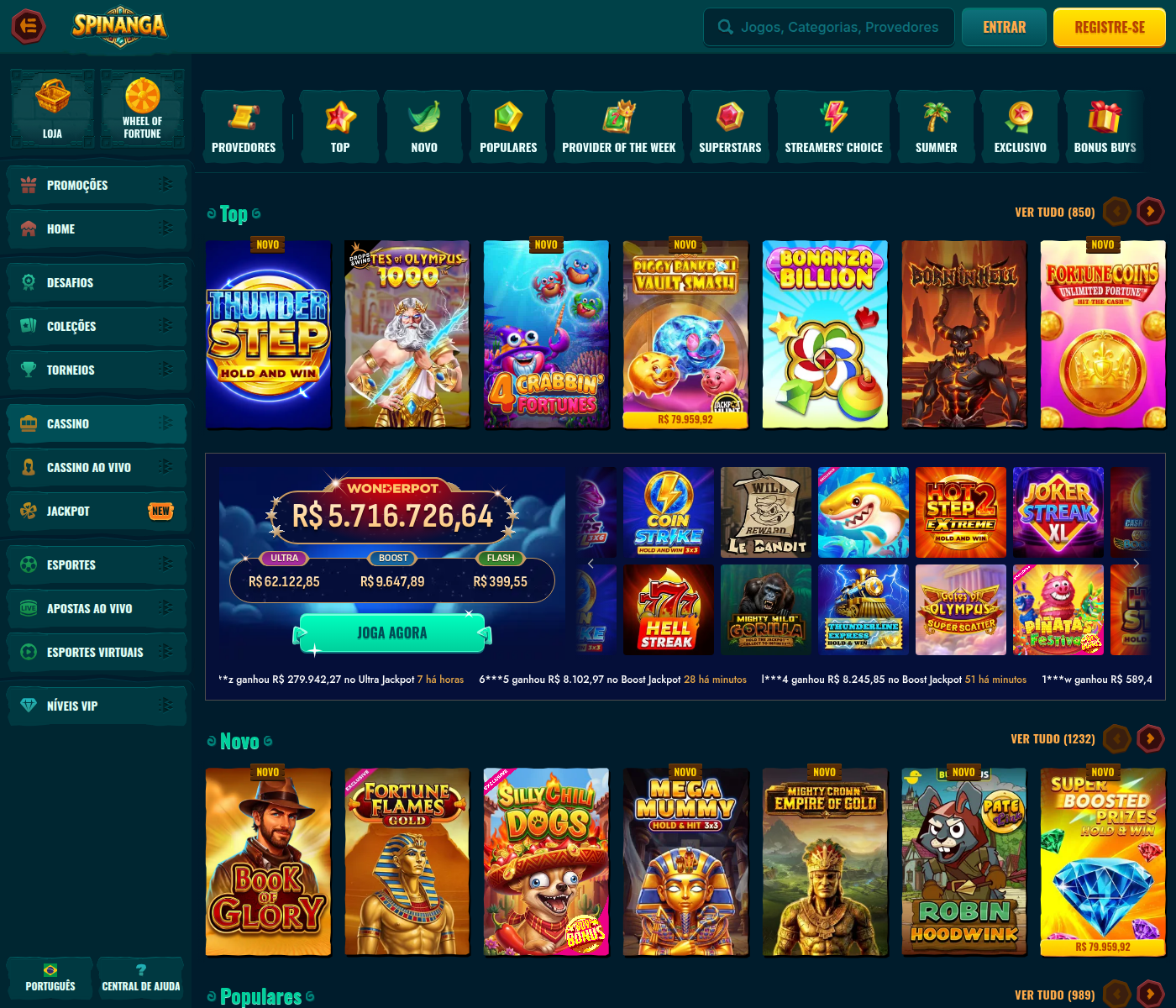 Catálogo de cassino da Spinanga com as prateleiras Top, Novo e Bonus Buys