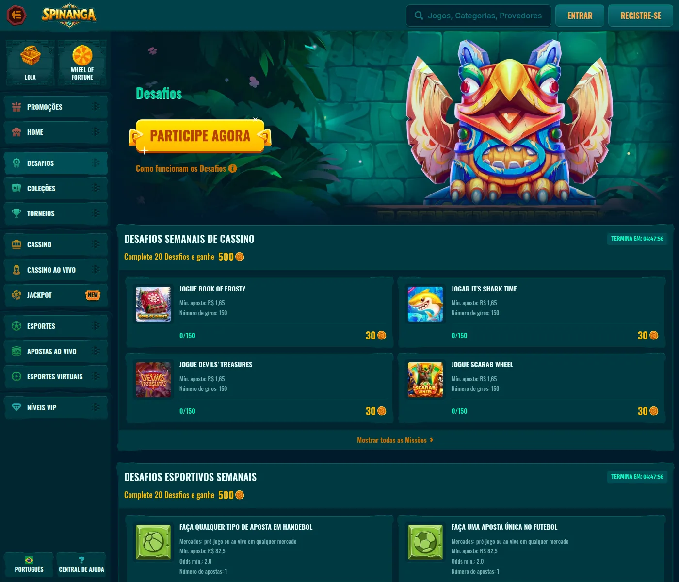 Desafios semanais de cassino e de esporte da Spinanga com as moedas de cada missão
