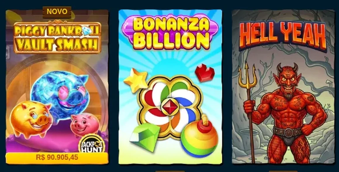 Prateleira Top da Spinanga com o jackpot do Piggy Bankroll a correr em reais — R$ 90.905,45 — ao lado do Bonanza Billion e do Hell Yeah