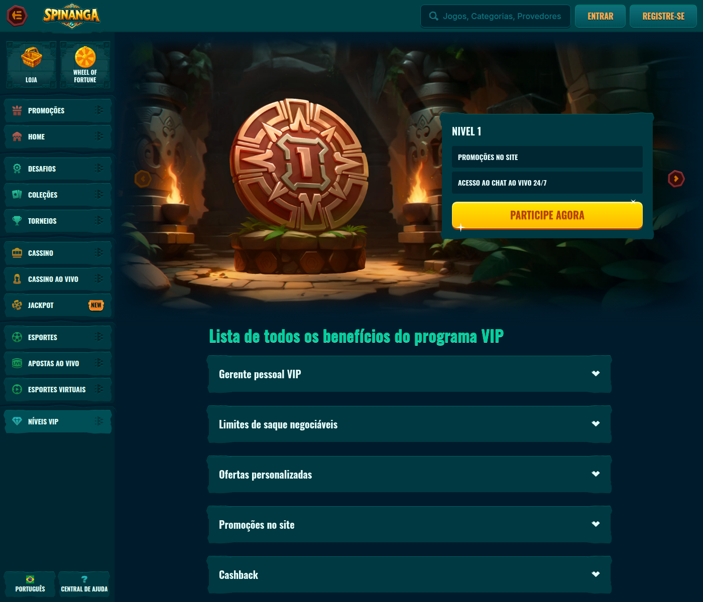 Os cinco níveis VIP da Spinanga, numerados de 1 a 5