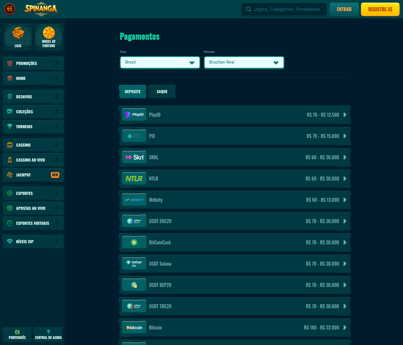 Tabela de pagamentos da Spinanga no Brasil com Pix e quinze criptomoedas