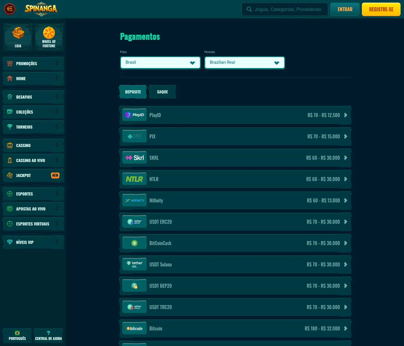 Tabela de pagamentos da Spinanga no Brasil com Pix e quinze criptomoedas