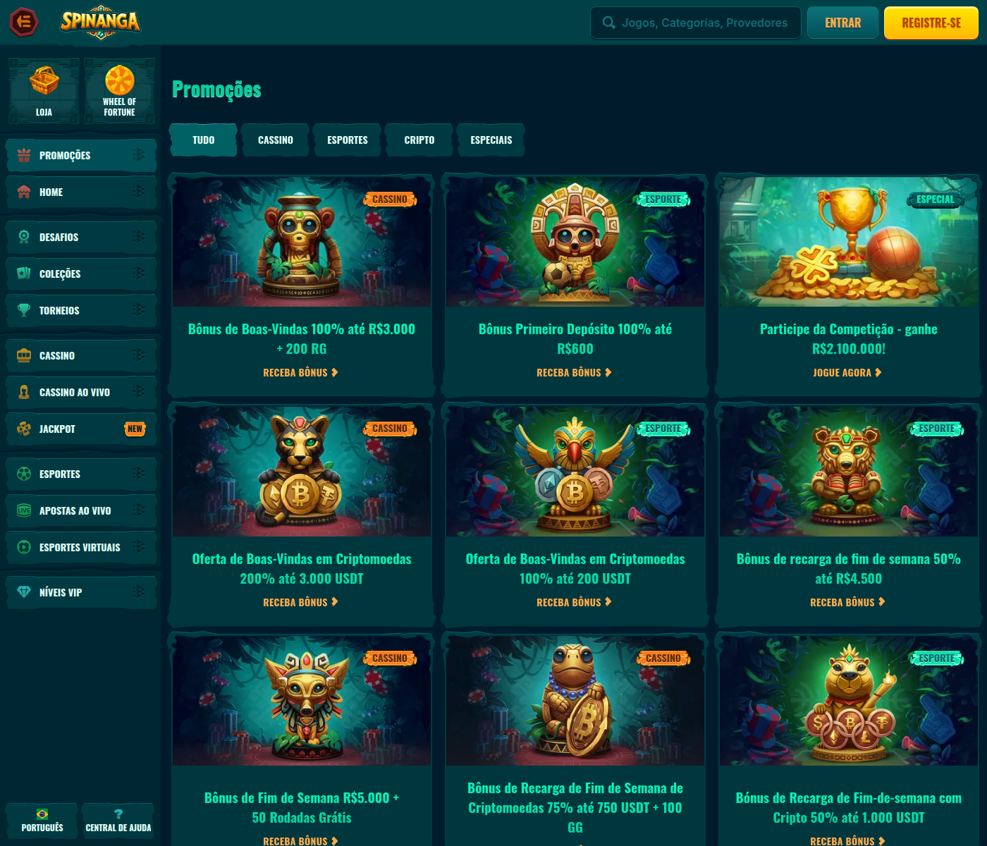 Página de promoções da Spinanga com dezassete ofertas de cassino e esporte