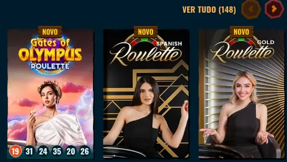 Prateleira Roleta do cassino ao vivo da Spinanga com o contador «Ver tudo (148)» e as mesas Gates of Olympus Roulette, Spanish Roulette e Gold Roulette