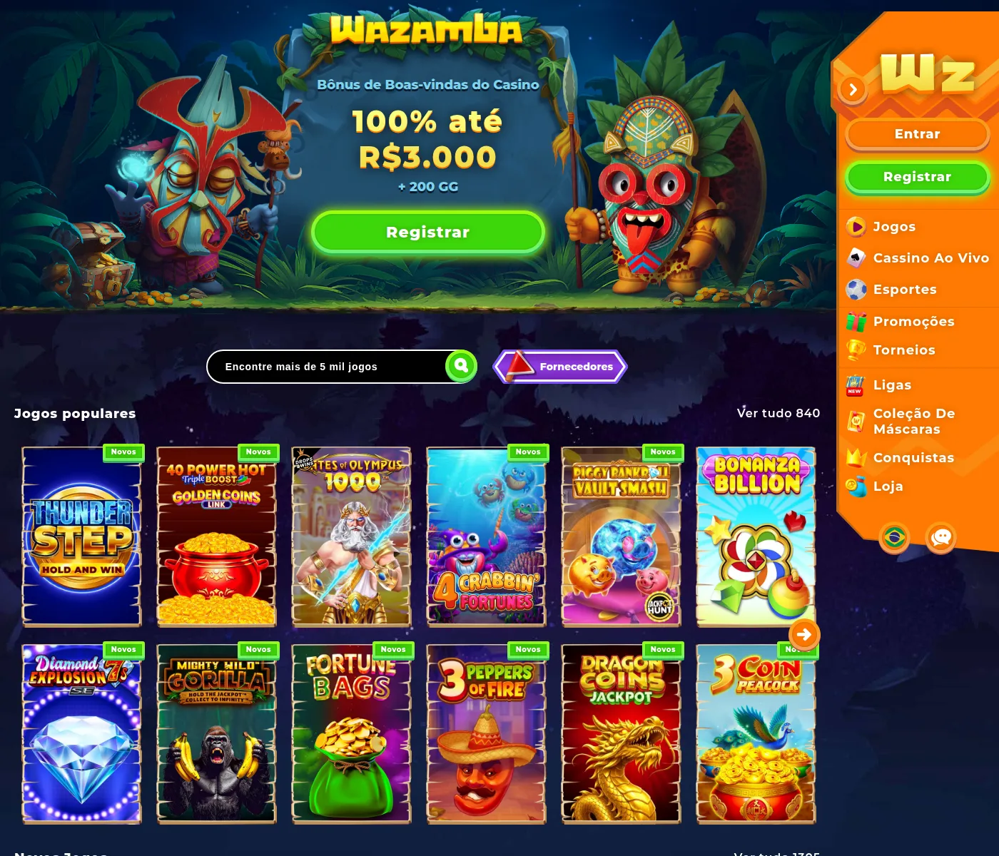 Página inicial da Wazamba Brasil com o bônus de 100% até R$ 3.000 e 200 giros