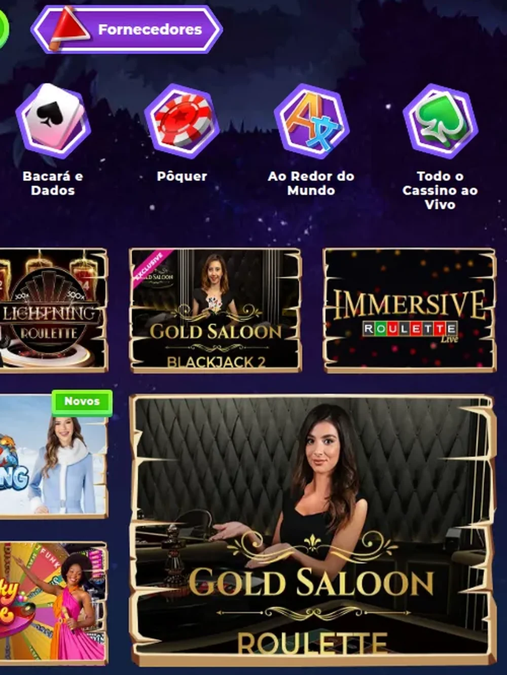 Cassino ao vivo da Wazamba: o botão Fornecedores, as categorias Pôquer, Ao Redor do Mundo e Todo o Cassino ao Vivo, e a mesa Gold Saloon Roulette em destaque