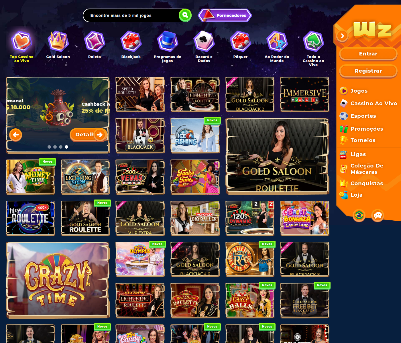 Cassino ao vivo da Wazamba com Gold Saloon e a categoria Ao Redor do Mundo