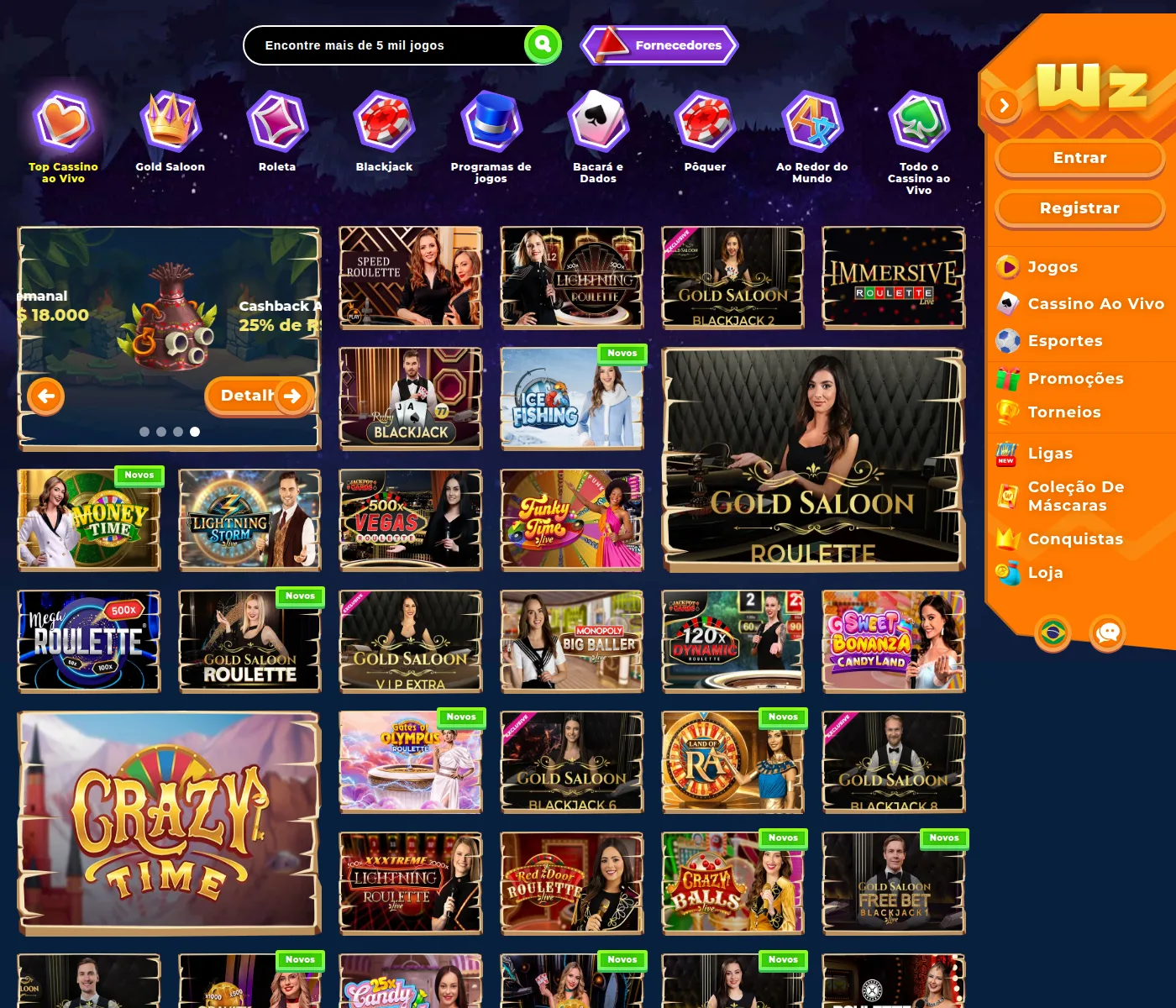 Cassino ao vivo da Wazamba com Gold Saloon e a categoria Ao Redor do Mundo